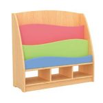 Wooden Kids' Storage Unit with Colorful Fabric Bins & Open Shelves | Curved Top Book Rack for Nursery or Playroom