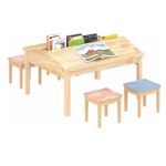 Children's Study Table Set with Slanted Desktop & Book Storage | Wooden Kids Table and 4 Stools (Pink/Blue) for Kindergarten
