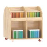 Mobile Kids Book Cart with Red Caster Wheels & Curved Top | Portable 4-Cubby Wooden Shelf for Classroom Libraries